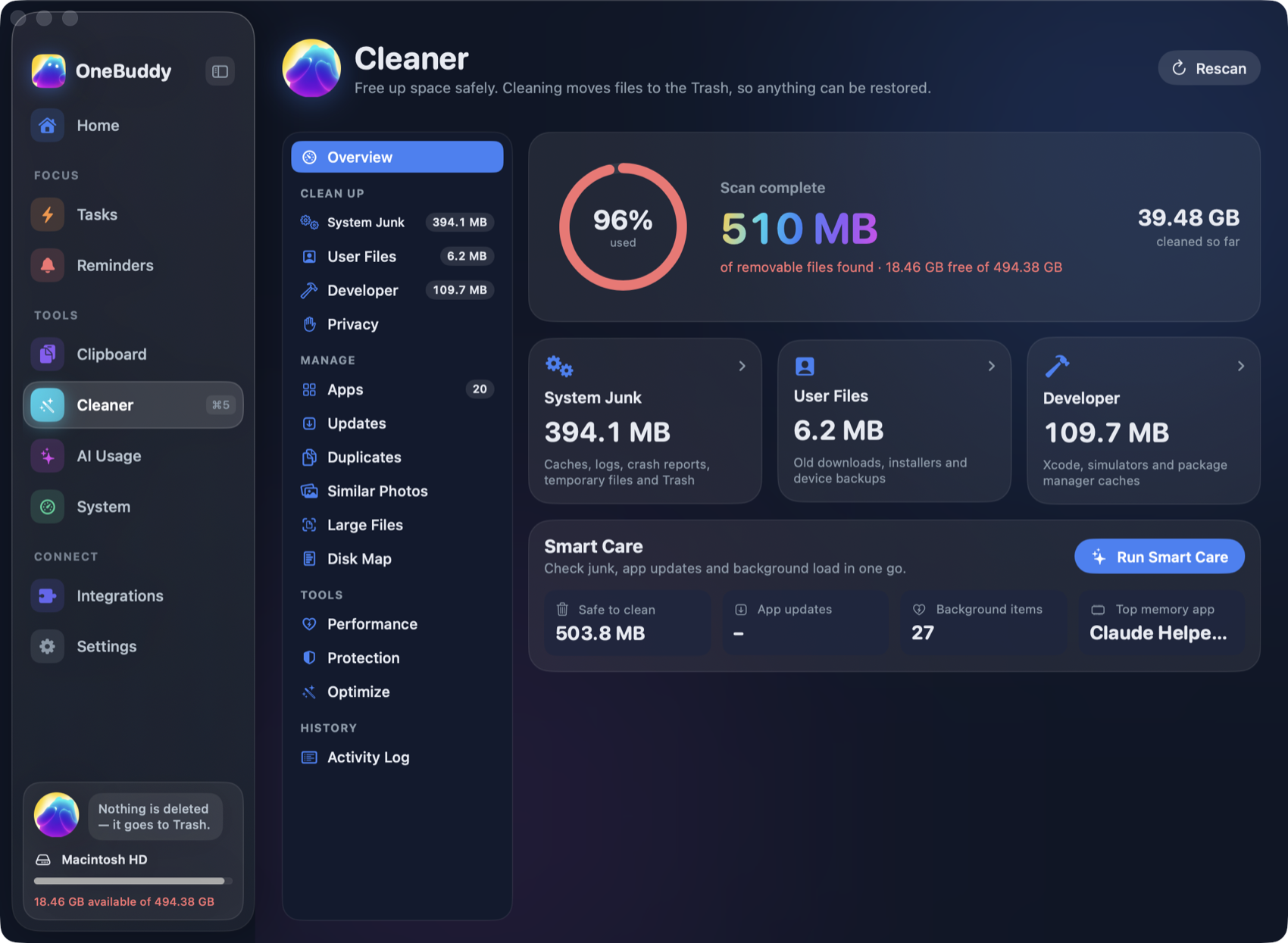 OneBuddy Cleaner overview with disk usage and Smart Care